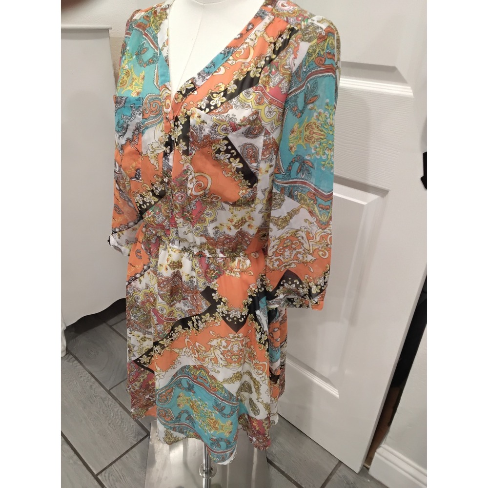 Umgee USA Women Paisley Scarf Print V-Neck Dress Orange Teal Boho 3/4 Sleeve M - Picture 3 of 8
